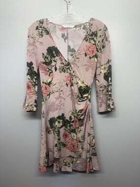 BCBGeneration Pink Floral Bell 3/4 Sleeve Side Ruche Gathered Mini Dress